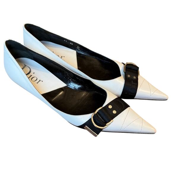 Dior Cherie Pointy Toe Leather Flat Metallic Buckle White Black Women’s Size 41 - Picture 1 of 13